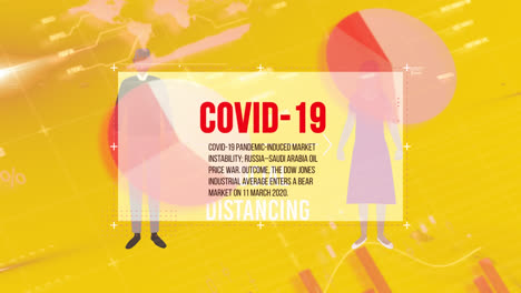 animation of covid 19 text over people and statistics