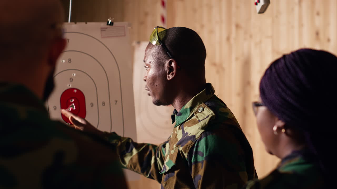 Military officer instructing soldiers on how to hit bullseye in firing range