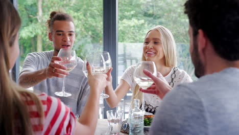 four young adult friends celebrating during a dinner party raise wine glasses to make a toast, close up