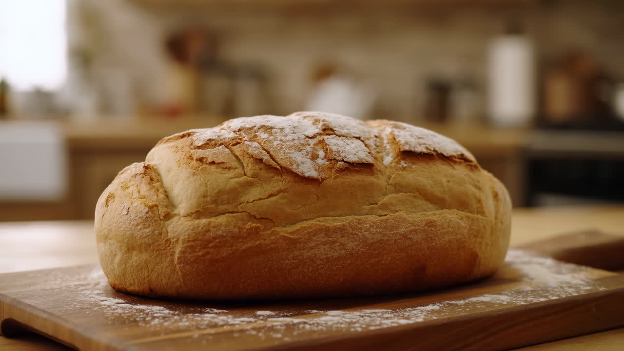 Loaf Sourdough Bread On Wooden Cutting Board, Golden Crust Dusted With Flour, Sunlit Farmhouse Kitchen Blurred