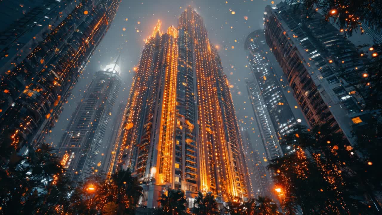 A Majestic Nightscape of a Towering Skyscraper Illuminated with Golden Lights Amidst a Bustling Urban Setting Under a Mystical Fog