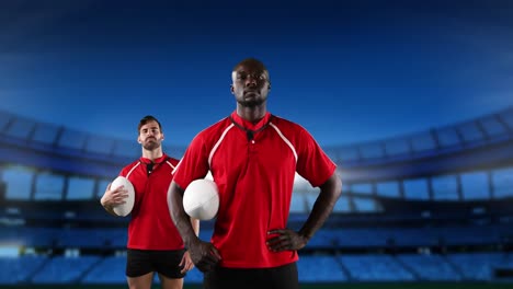 professional rugby players standing in front of a stadium