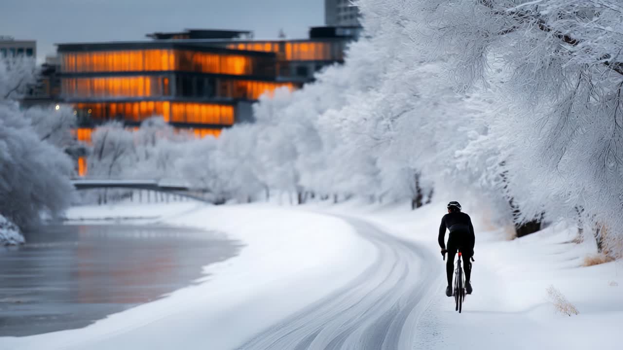 A winter cyclist traverses a snowy pathway beside a frozen river while the glow of a modern building illuminates the stark contrast between nature's beauty and urban architecture at dusk