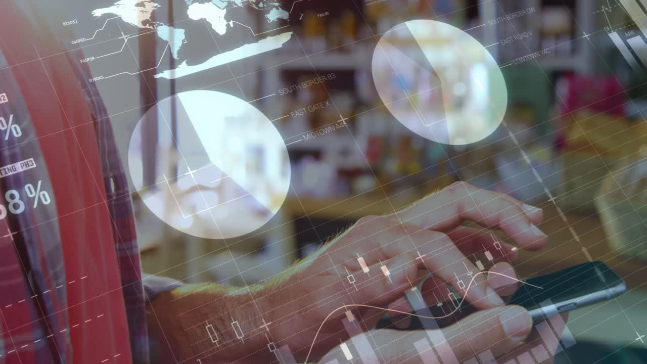 스마트 폰을 사용하는 여성에 대한 통계 및 데이터 처리 애니메이션