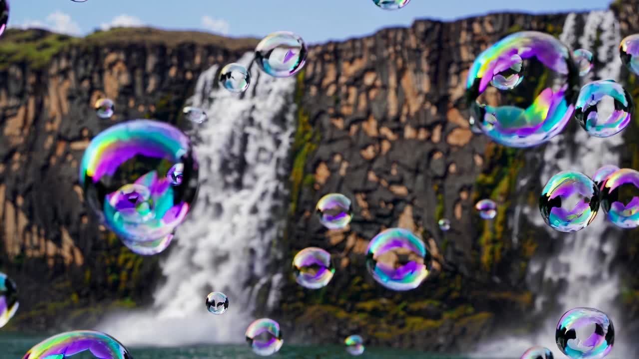 A mesmerizing video scene with a low-angle view of colorful soap bubbles floating against a backdrop