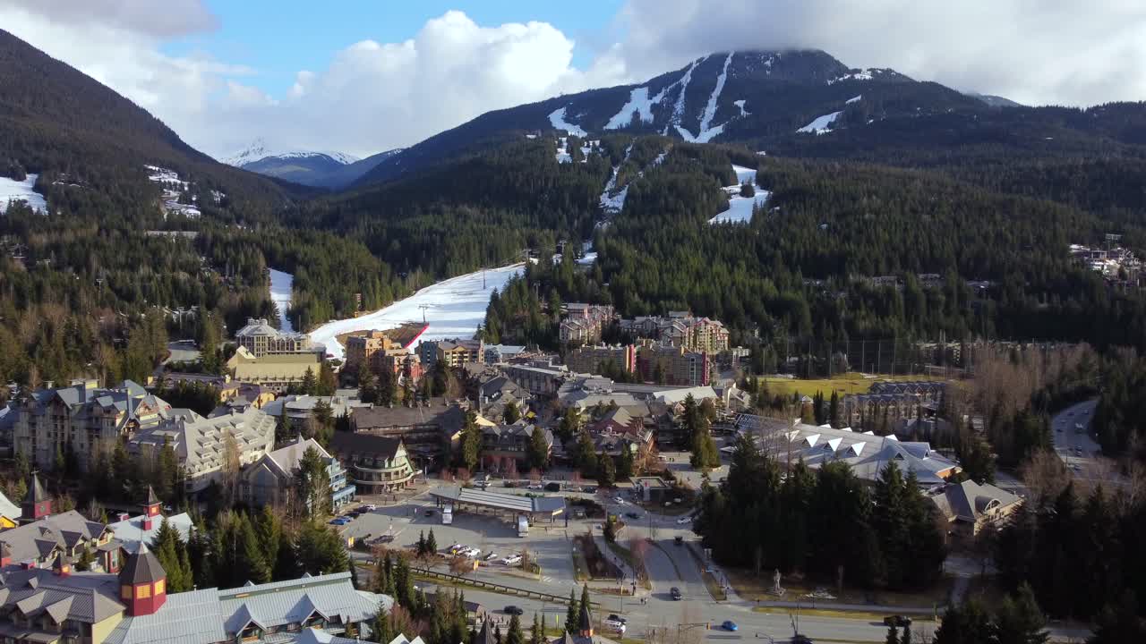 Blackcomb Mountain ski runs in Whistler, BC, aerial push in