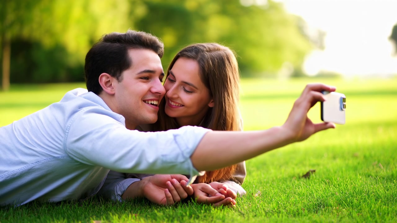 Selfie de Pareja Caucásica Tumbada en la Hierba, Luz Solar Cálida, Sonrisas Relajadas, Hombre Extendiendo el Teléfono para Tomar un Primer Plano