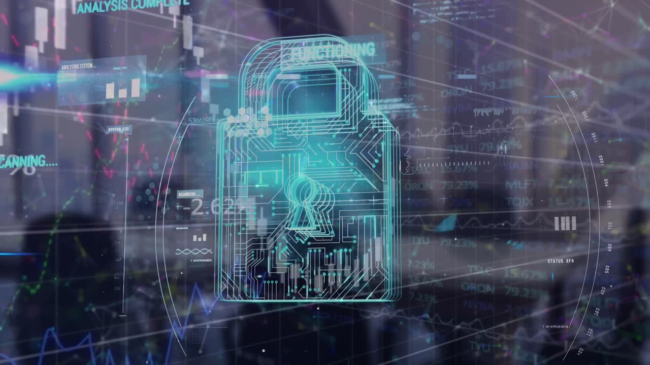 Animation of data processing and padlock over city