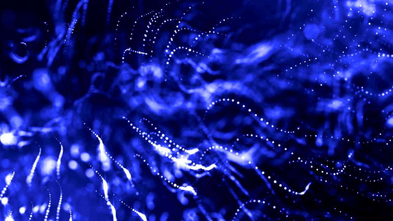 la animación de bucle de renderizado 3d de las partículas de brillo forma líneas oscilantes como guirnalda oscilante como fondo festivo o fondo abstracto de partículas con profundidad de campo y bokeh como bucle vj. azul 19