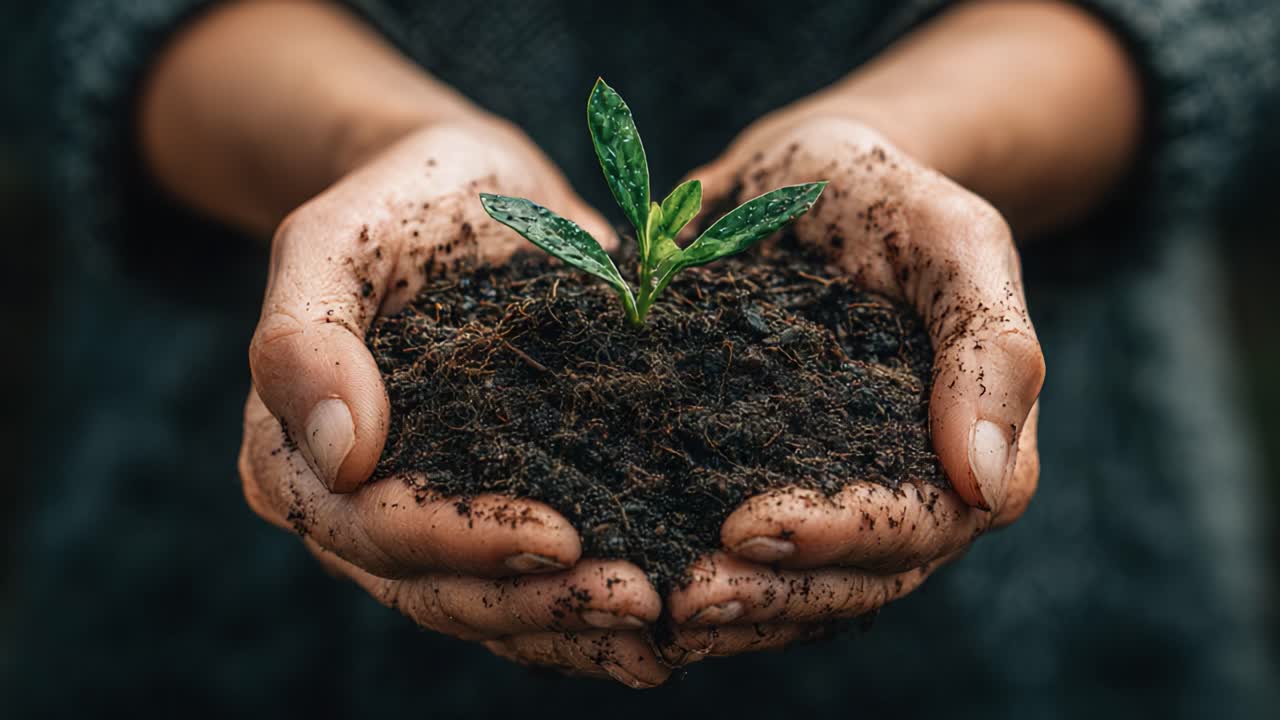 Nurturing Green Growth: A Close-Up View of Hands Cradling a Seedling in Rich Soil, Symbolizing Hope, Care, and Environmental Stewardship