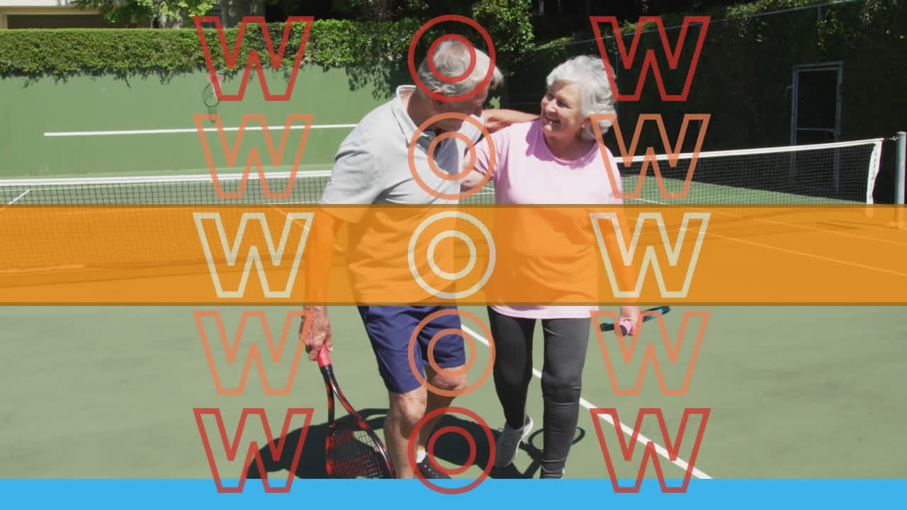 Animation of wow text in orange over happy senior caucasian couple embracing outdoors after tennis