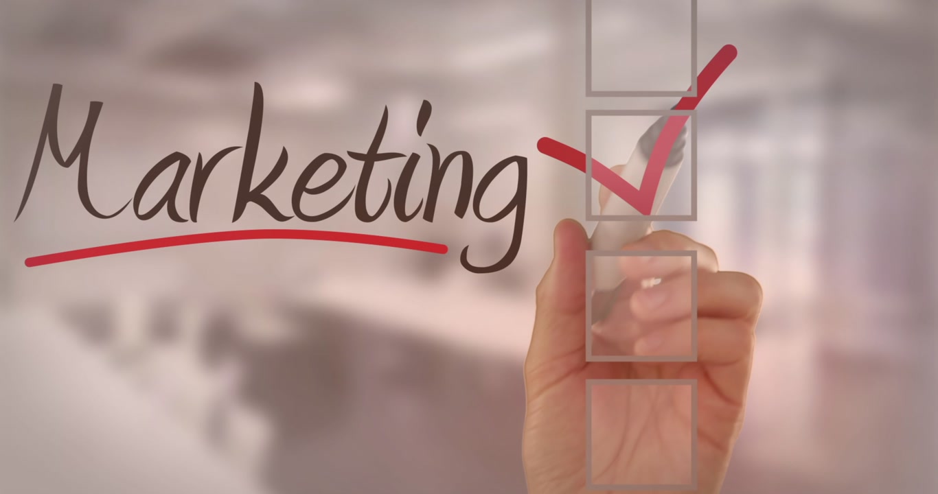 Animation of marketing text over office and hand with pen