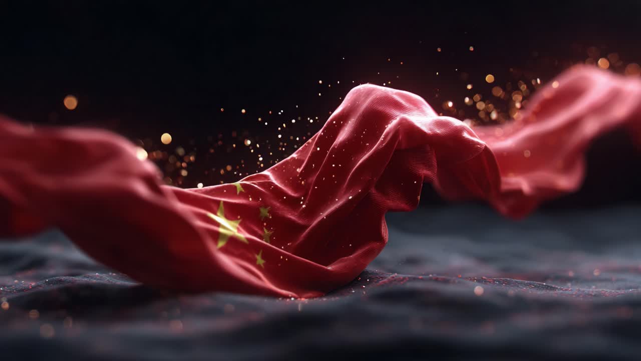 A Stunning Visual of a Draped Flag with Sparkling Particles, Capturing the Essence of National Pride and Identity in Vibrant Detail and Motion