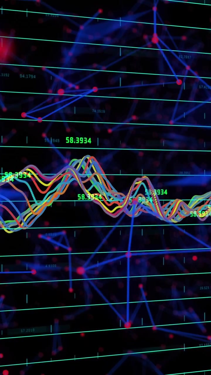 Animation of data processing over networks of connections on black background