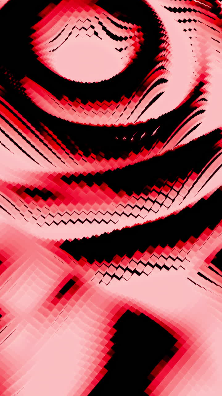Růžovo-červený zkreslený vlnitý vzor na černém pozadí, pixelované okraje a vibrující modulace, retro synthwave.
