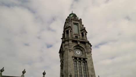 Clocktower-Of-City-Hall-Of-Porto-Against-Cloudy-Sky-In-Porto,-Portugal