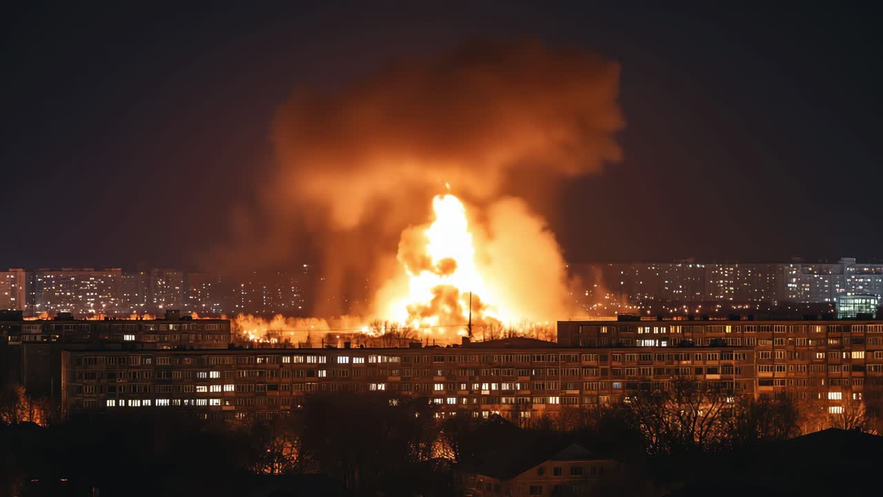 Large flames engulfing apartment buildings in a residential area at night, creating a haunting scene filled with destruction and imminent danger, highlighting the chaos of urban conflict