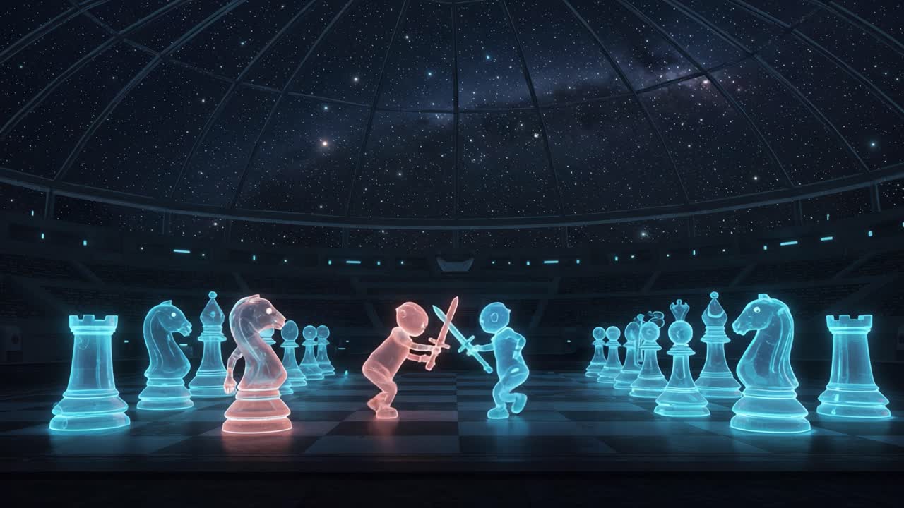 In a cosmic arena, two opponents engage in a whimsical sword fight among glowing chess pieces, blending strategy with imagination under a starry sky