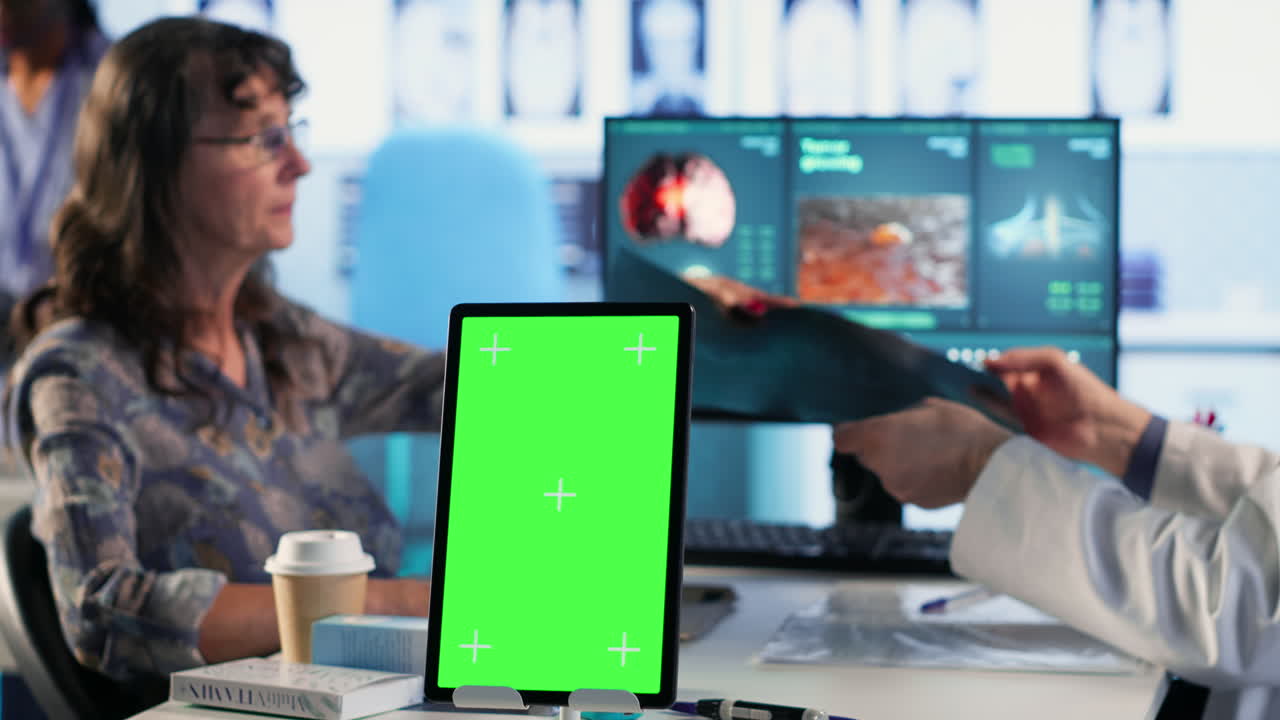 Vertical Video Aged physician ensures disease prevention with isolated chroma key display