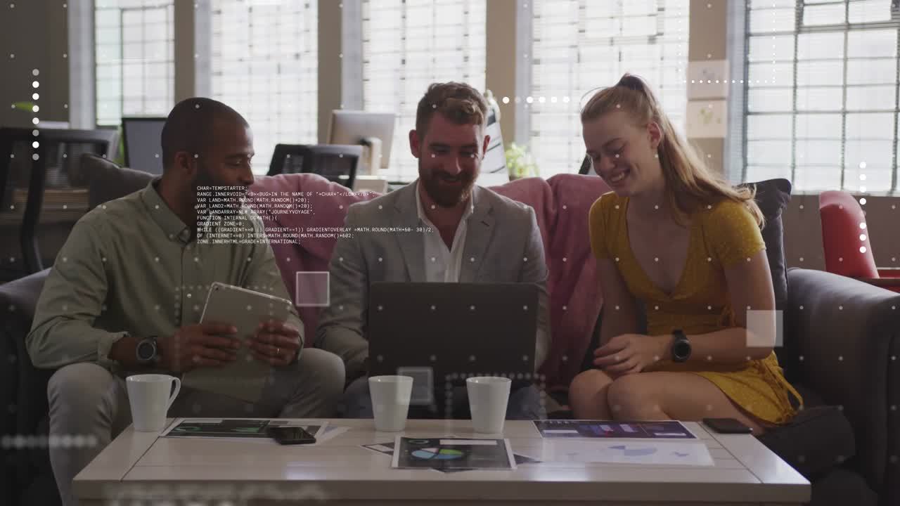 Team of three sharing business review, left turning tablet, center on laptop, HUD showing charts