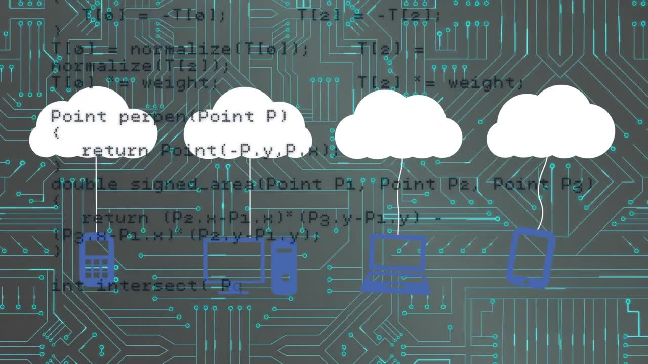 통합 회로를 통해 컴퓨터 아이콘과 구름의 애니메이션