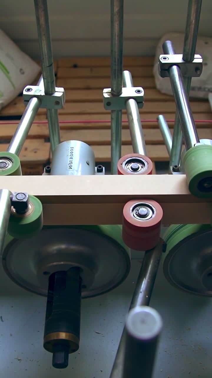 Conveyor line with multiple rollers. Timber bar is moved along the spinning shafts for following processing. Vertical video