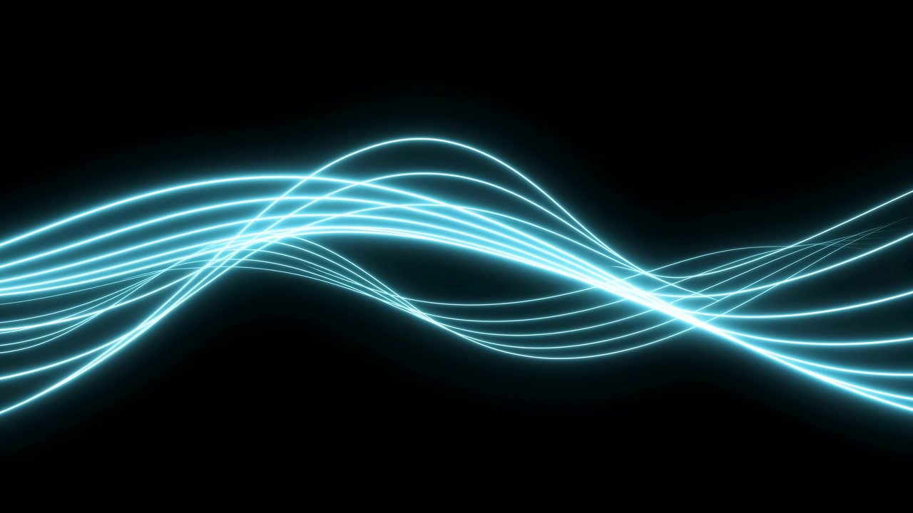Onde neon acquamarina pulsano fluidamente su un palco nero, movimento ritmico energico che evoca produzione musicale e DJ