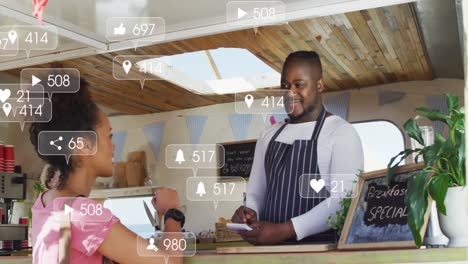 animation of social media icons and numbers over african american man and woman in food truck