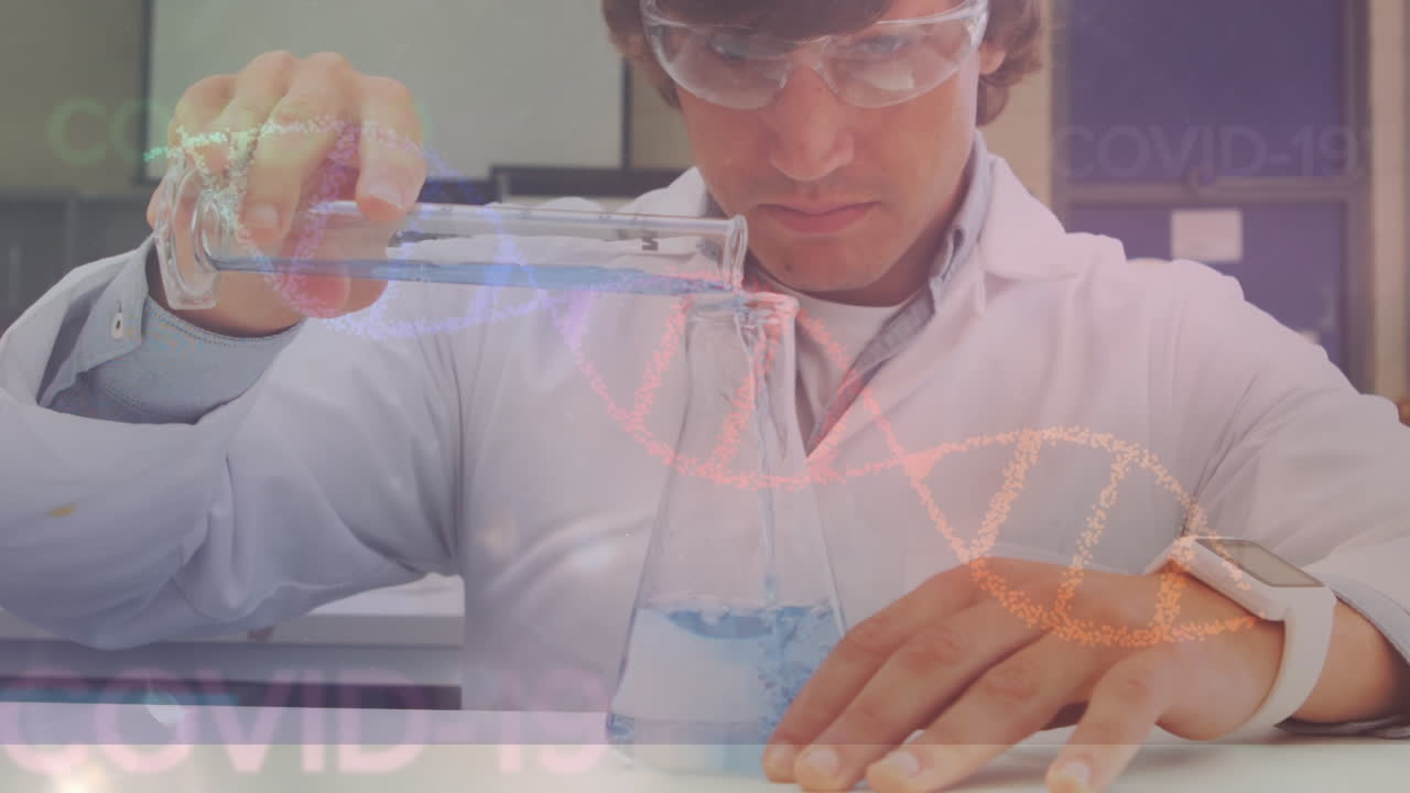 액체와 함께 백인 남성 실험실 직원의 손 위에 dna와 covid-19의 애니메이션