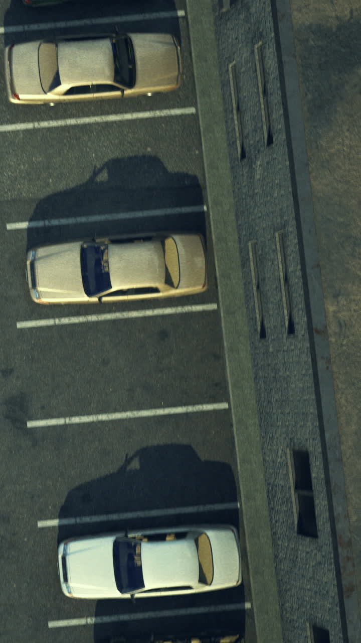 Cars parked in a neat row under the morning sun by a stone building