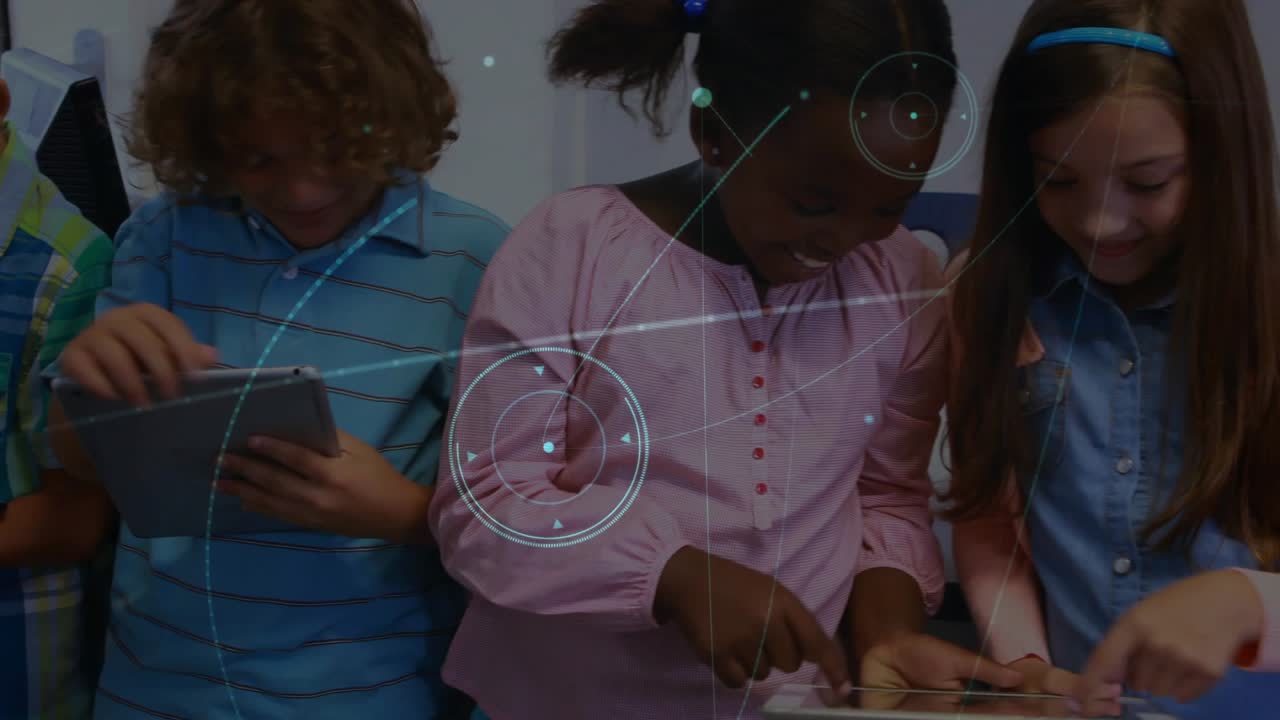 Opening clip showing six kids at school wall, tapping tablets, learning in striped shirts, overlay