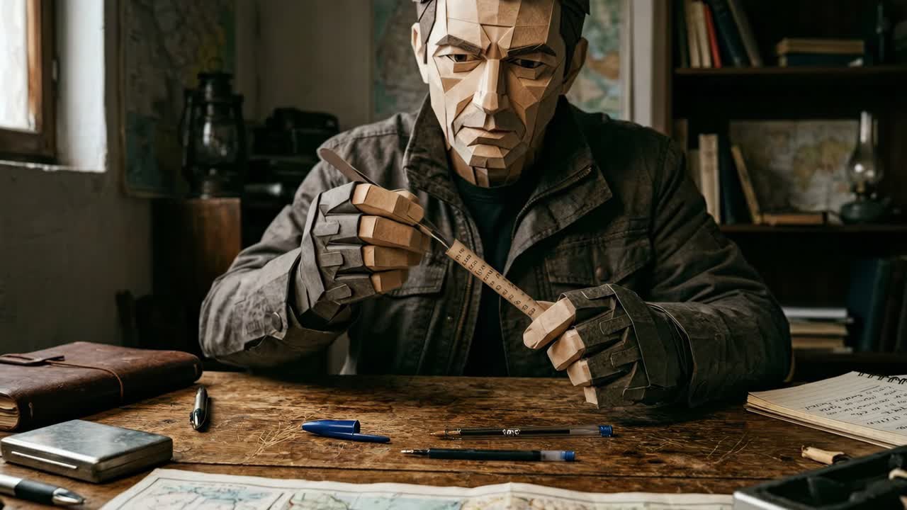 Uomo di papercraft geometrico che lavora con un righello a una scrivania