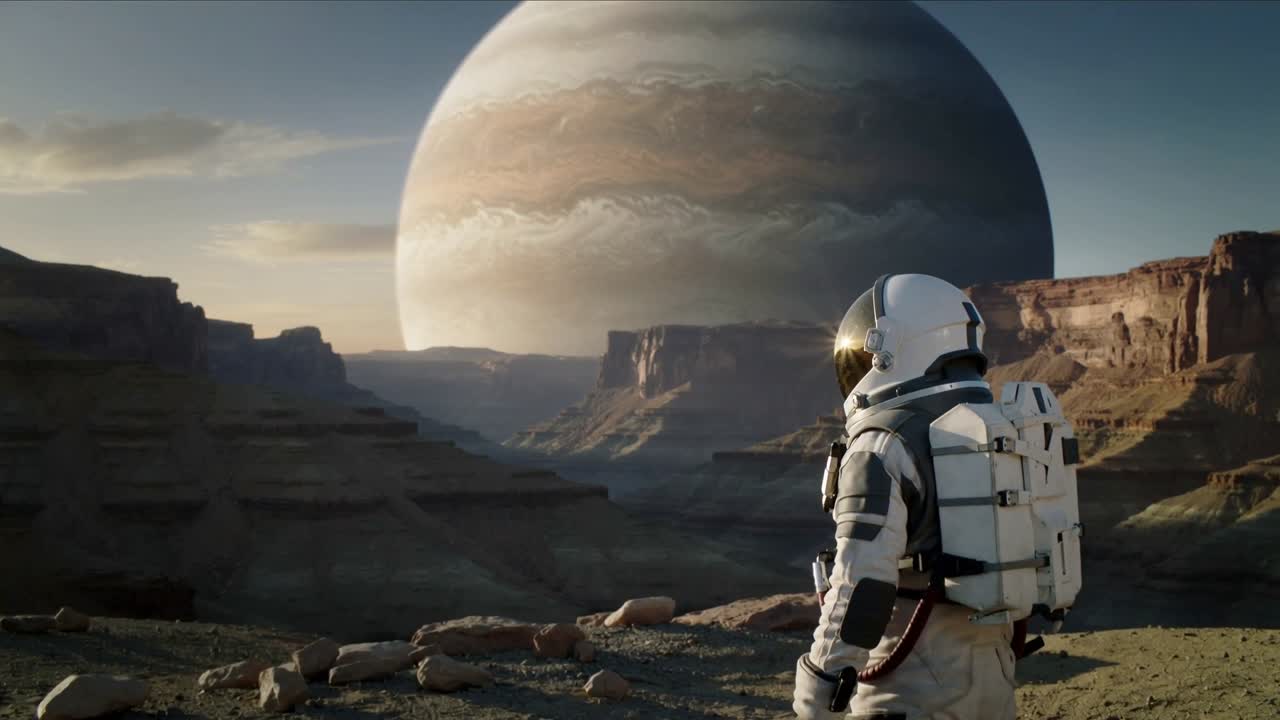 Sollys ansporer pilot der drejer og scanner kløft på plateau til højre med dragt, visir og rygsæk, plads til tekst