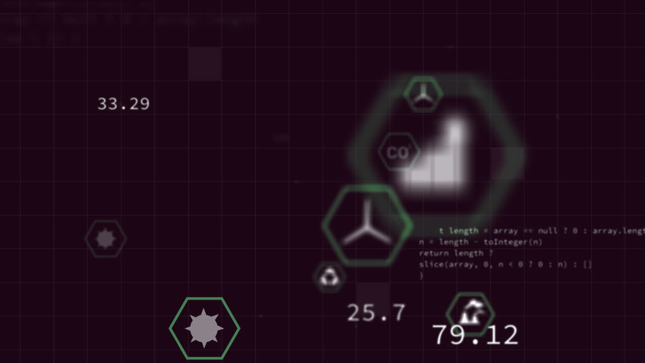 animación del icono en hexágonos sobre el patrón de cuadrícula y el lenguaje informático contra un fondo negro