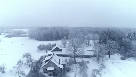 Vuelo-Aéreo-De-Drones-Sobre-Una-Casa-De-Campo-Cerca-Del-Bosque-Durante-Los-Campos-De-Invierno-Nevados-Blancos-Durante-El-Día-Nublado