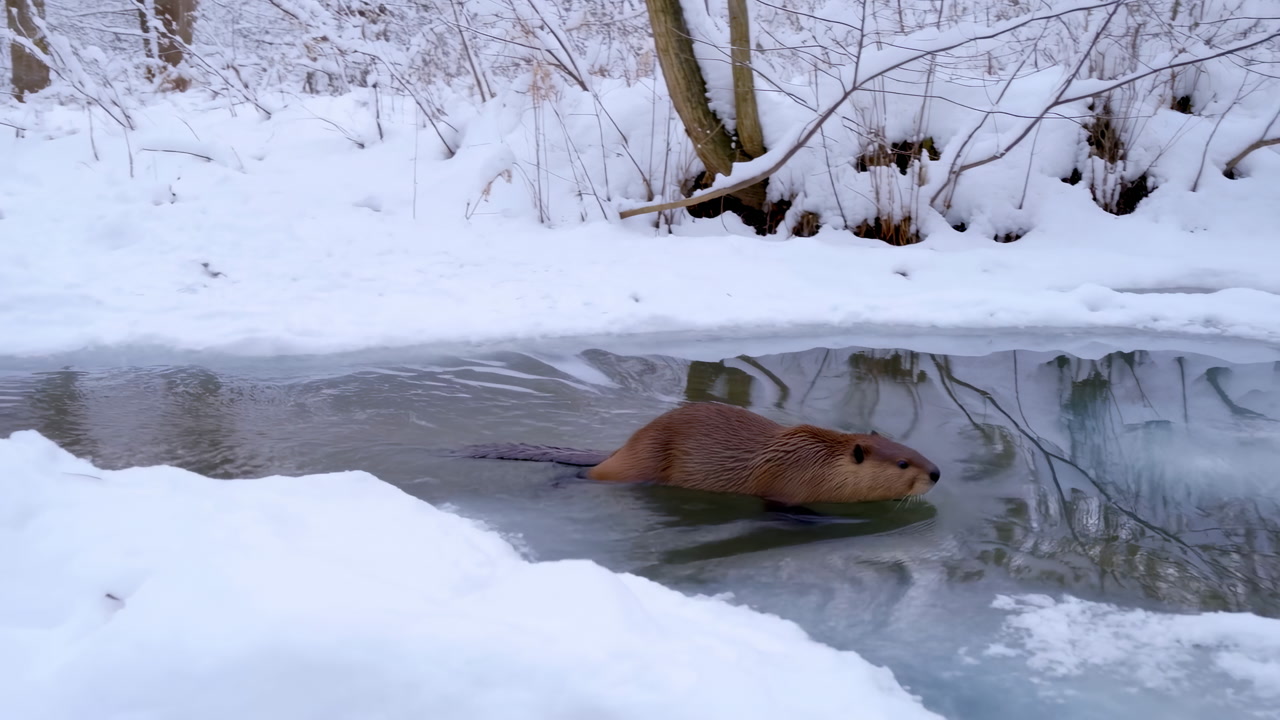 Beaver Swimming In Icy Winter Stream, Gliding Along Narrow Open Water Channel Amid Snowcovered Banks And Bare