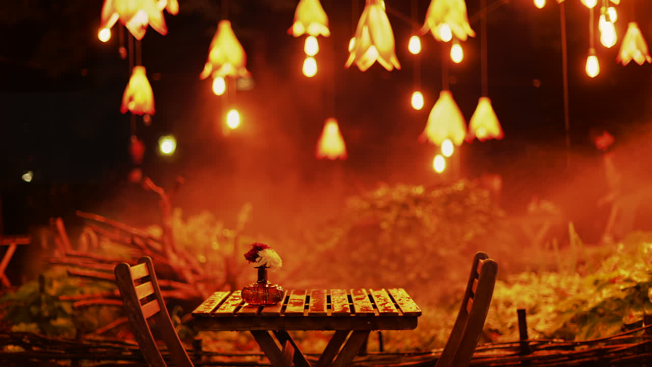 A wooden table with flowers illuminated by soft hanging lights