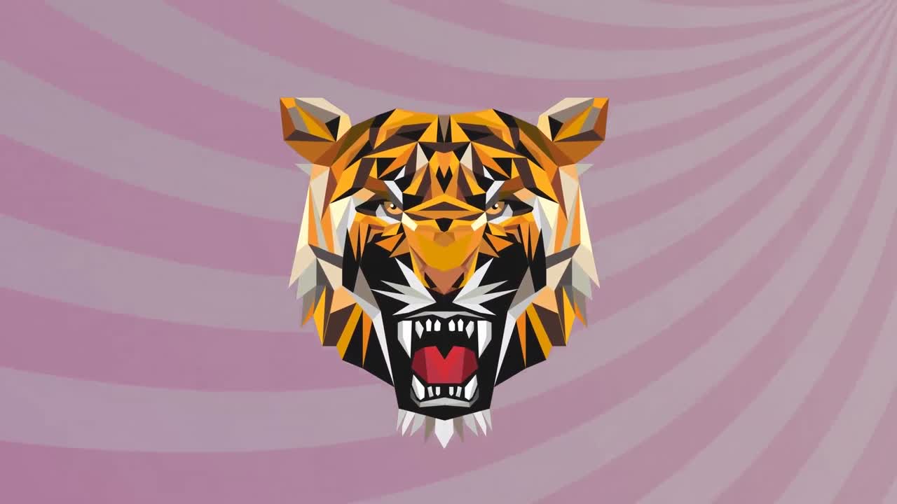 紫の背景のストライプの上にトラの頭のアイコンのアニメーション