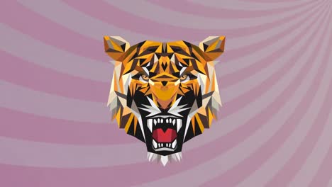 animation of tiger head icon over stripes on purple background