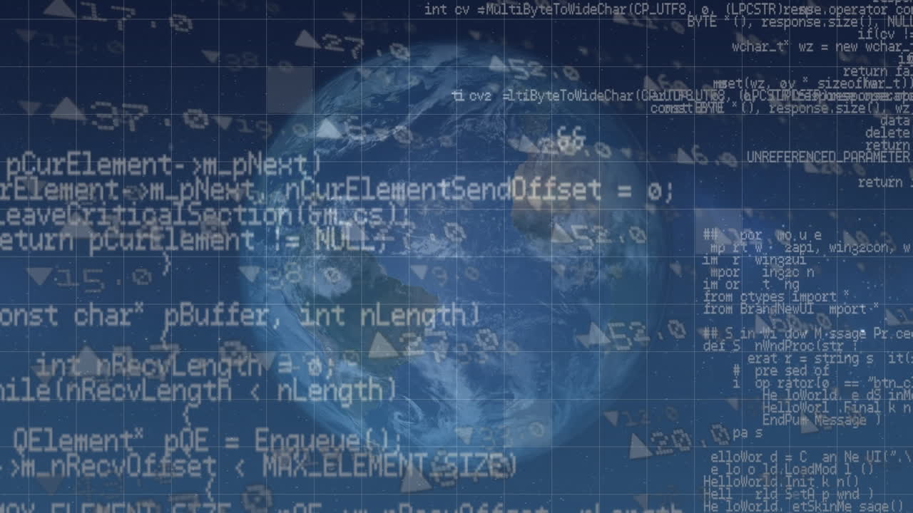 파란색 배경에 전 세계에 대한 데이터 처리 애니메이션