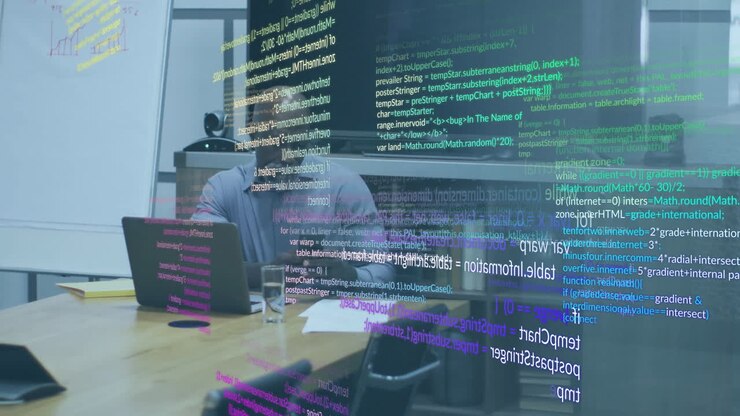 Animation of data processing over african american businessman using laptop
