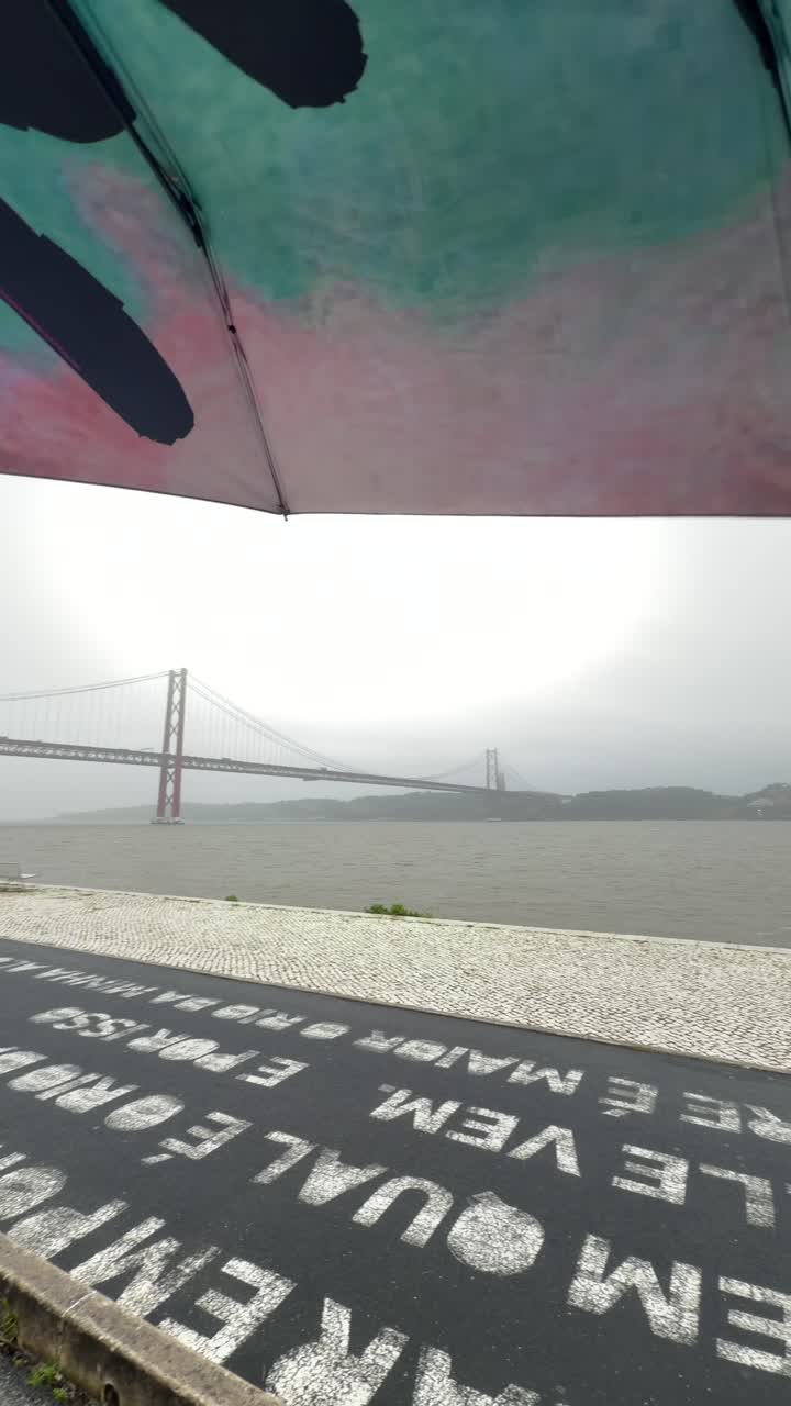 View from Under an Umbrella of 25 de Abril Bridge in Lisbon