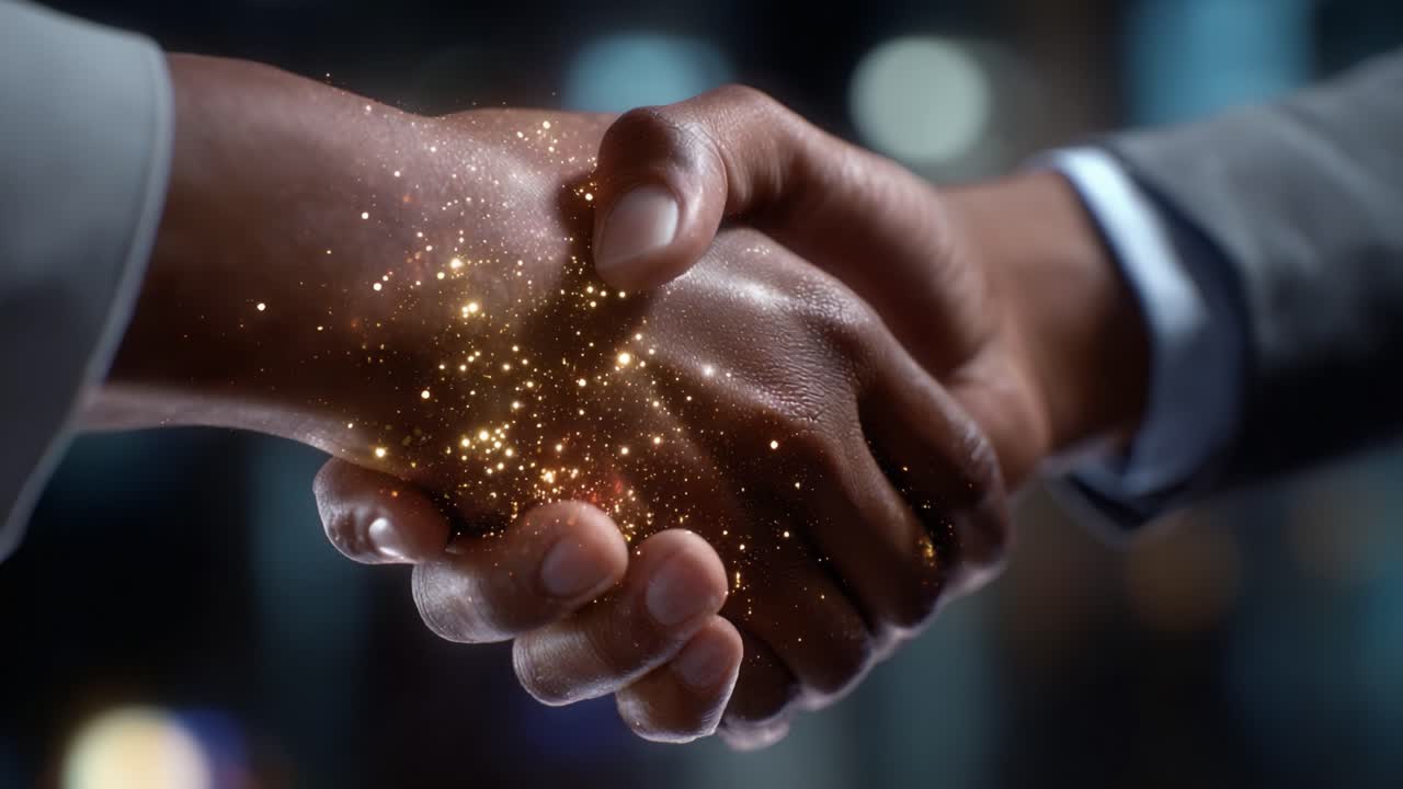 A Symbolic Handshake Illuminated with Sparkling Light Represents Unity, Cooperation, and Trust between Two Individuals in a Professional Setting