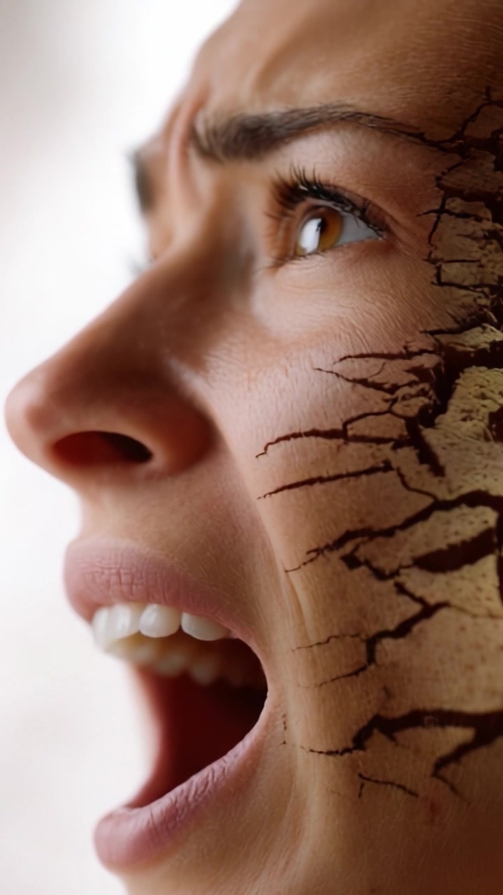 Una donna angosciata rivela il suo tumulto emotivo mentre crepe si formano sul suo viso, simboleggiando il conflitto interiore e la lotta tra bellezza e disperazione in una potente narrazione visiva.
