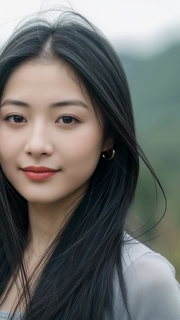 Vídeo vertical: Mujer posando manteniendo la mirada al aire libre junto a los árboles, la brisa levantando su cabello, con aro dorado visible