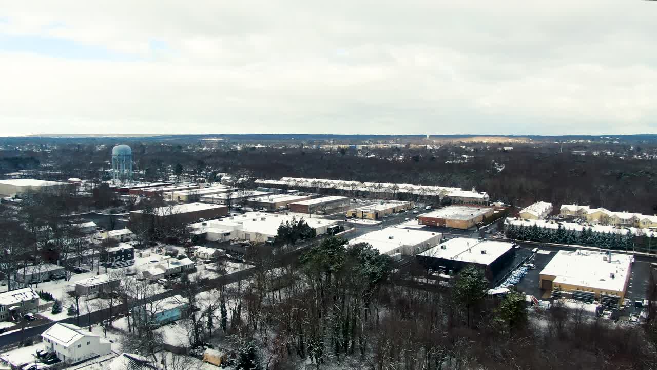 Iconic American township in winter season, aerial drone view