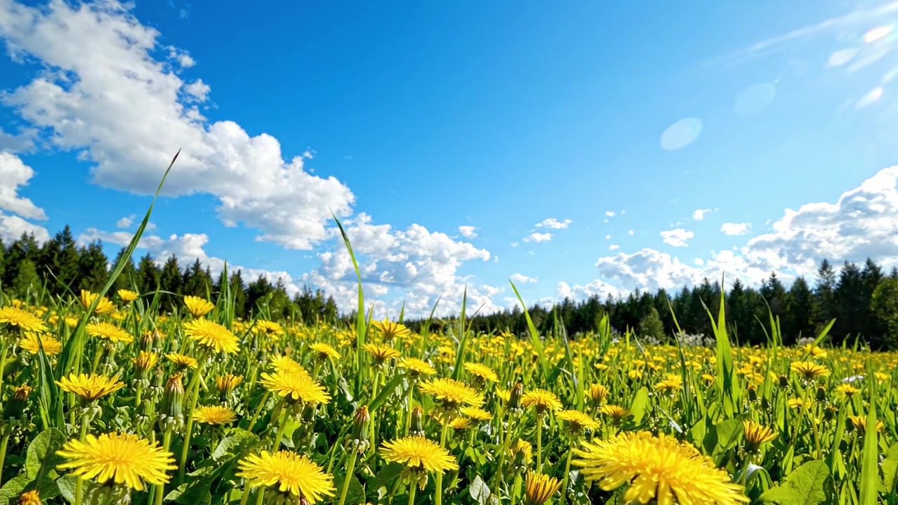 A Vibrant Field of Dandelions Under a Clear Blue Sky: Nature's Beauty Captured with Bright Flowers and Lush Greenery in Perfect Harmony