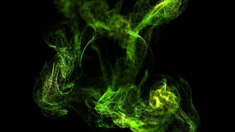 corriente de partículas luminosas verdes bajo el agua en fondo negro corre en un campo esférico, lugar para su texto, logotipo. canal alfa como luma mate. efecto de tinta de advección. 10