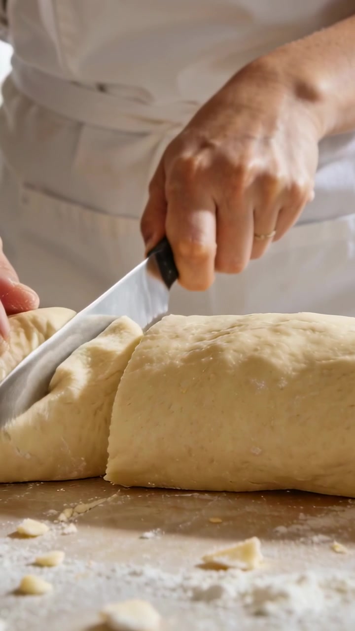 Vertical video: Starting cut chef in white coat cutting dough log into pieces on floured top, knife