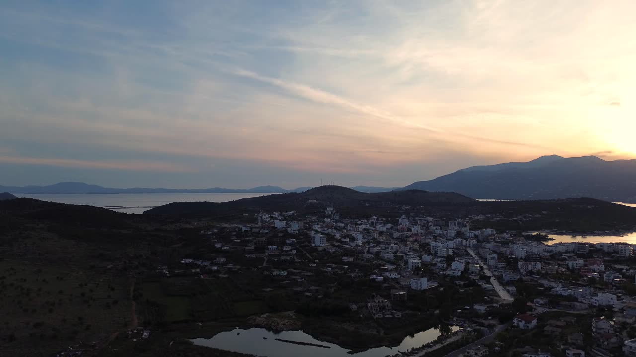 Aerial View of Coastal Town at Sunset